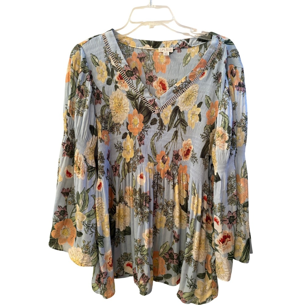 Spense Boho Floral Plisse Babydoll Top Blue‎ V-Neck Smocked Bell Sleeve Large